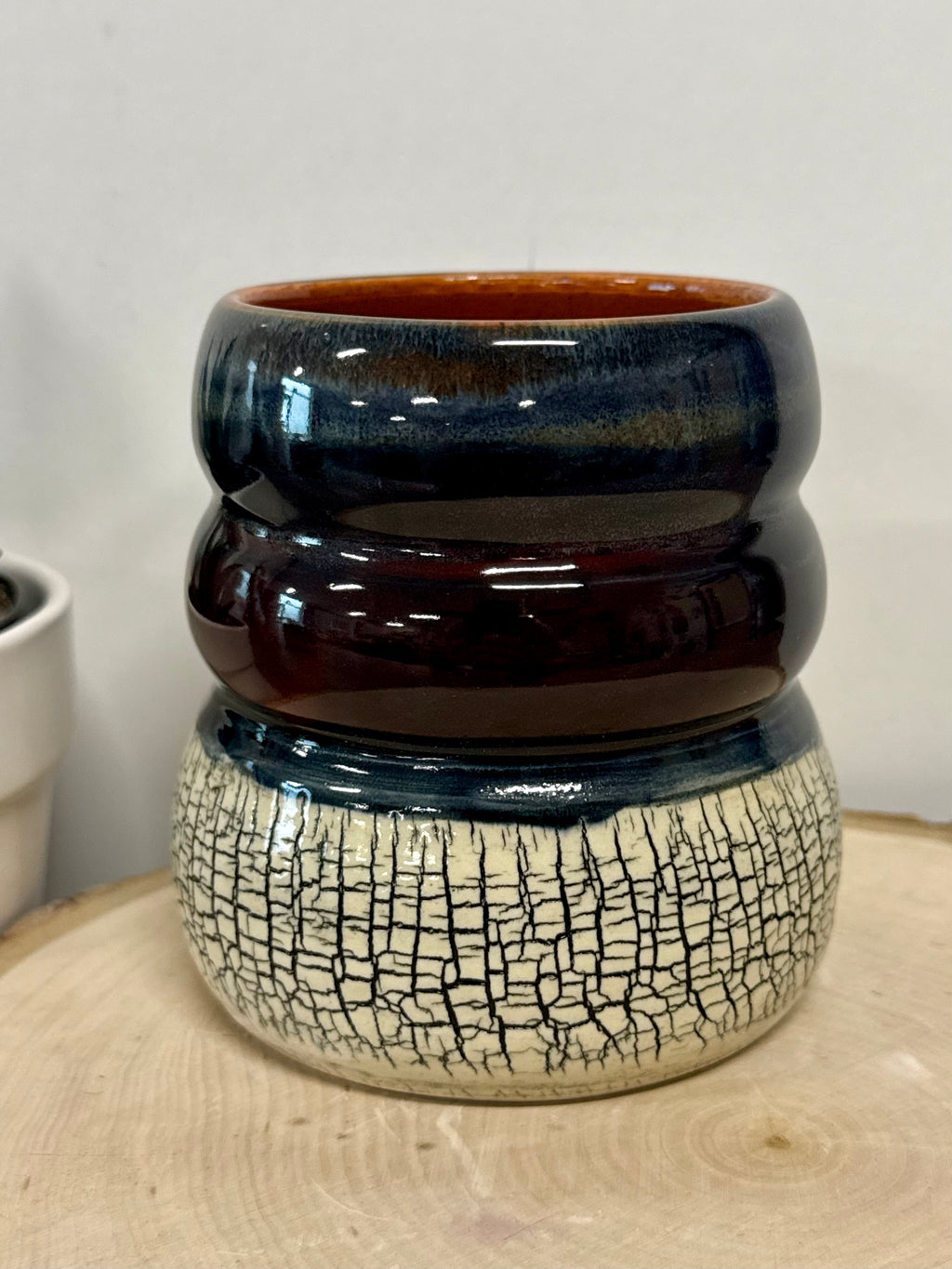 Black, blue, and orange crackle bubble mug
