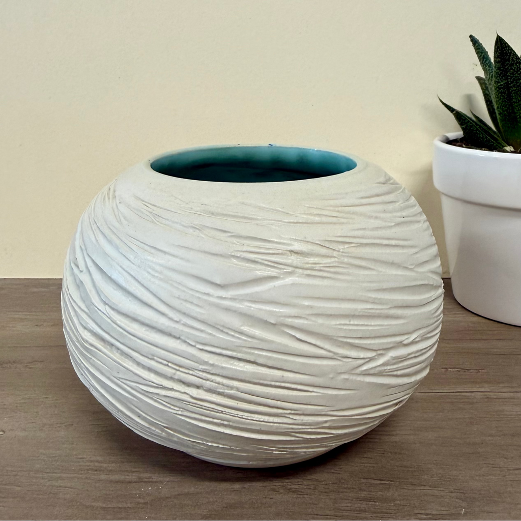Textured White and teal thrown bowl