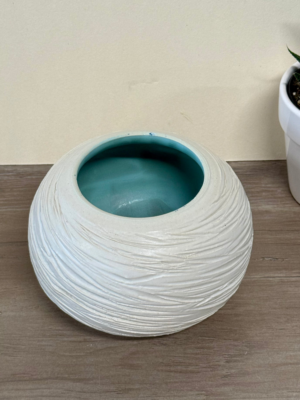Textured White and teal thrown bowl
