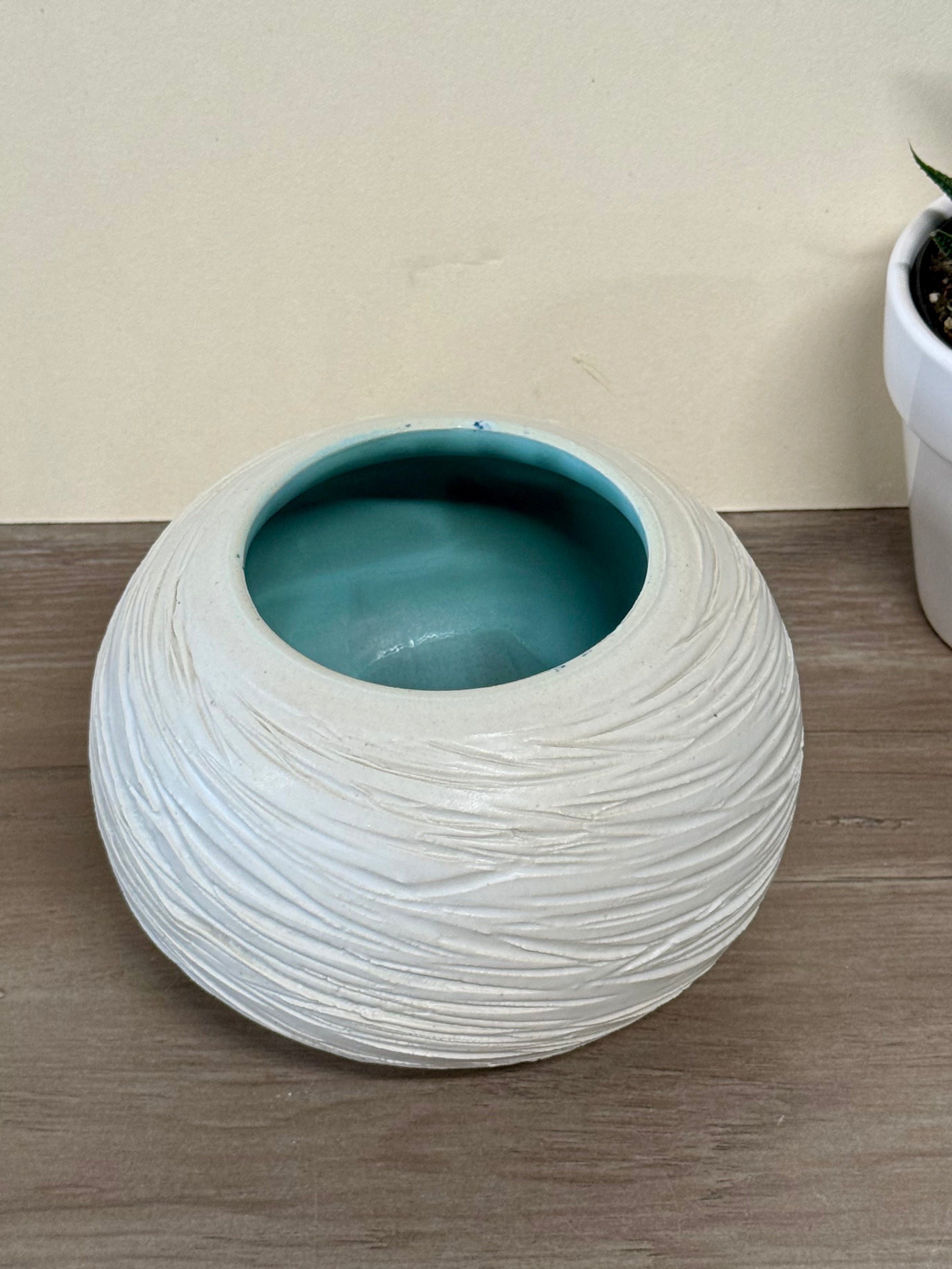 Textured White and teal thrown bowl